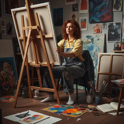 A woman with red hair sits on an easel, symbolizing women's transformative contributions to art and culture.